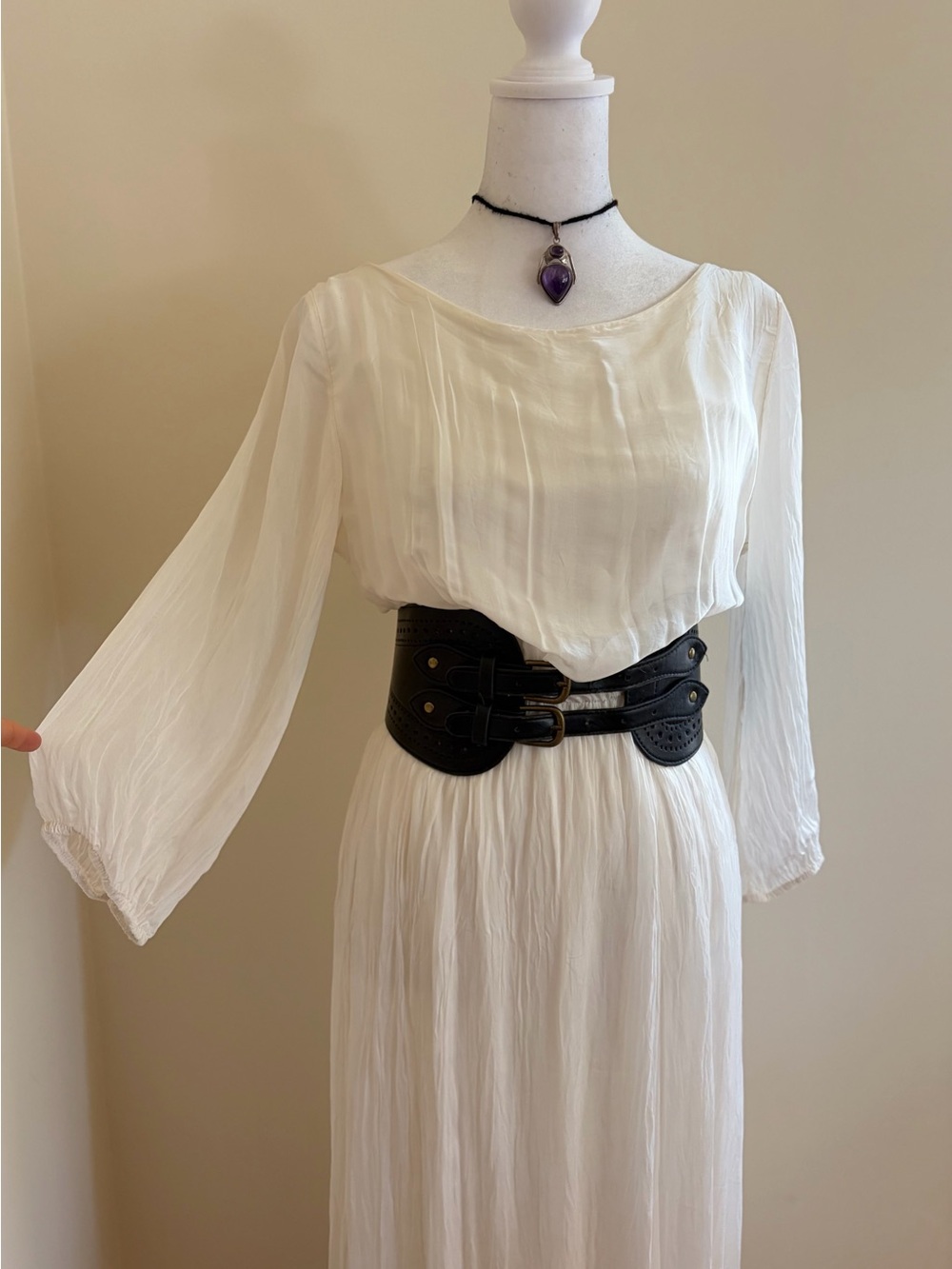 Italian silk boho peasant maxi dress white balloon sleeves European designer M